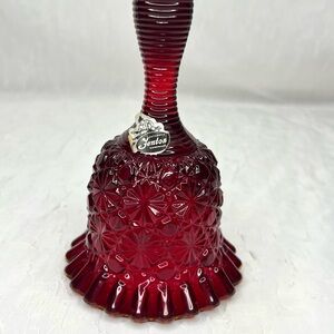 Vtg Fenton Ruby Red Glass Bell Daisy Button Pattern Ribbed Handle Ruffled Edges